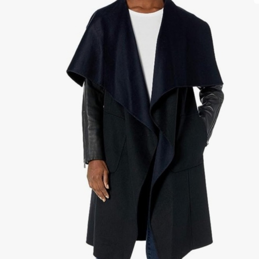 BCBG MaxAzria Women's Fiona Drape Open Front Wool & Leather Coat - XS
